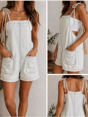 Vanilla Star Cream Light-Wash Denim Short Overalls